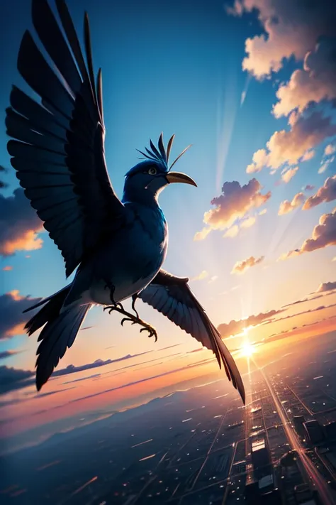 blue flying bird silhouette, sunset sky, clouds around