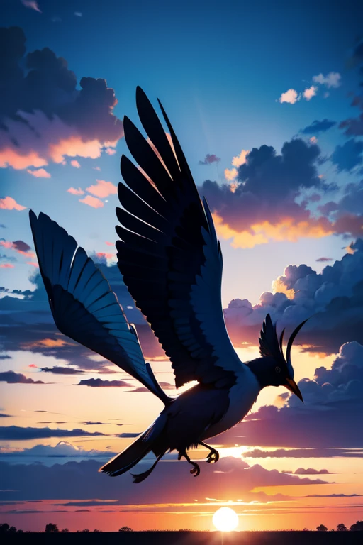 blue flying bird silhouette, sunset sky, clouds around