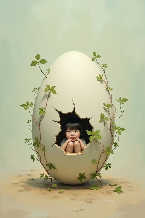 Surrealist painting with egg in middle. Theres a crack in the egg showing a small korean girl maybe  like elementary school and crying looking at the camera shes sitting with her knees held up to her chest pose and there are vines that are wrapping around ...