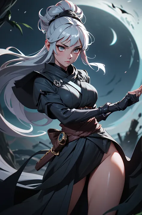 Depict Tsukuyomi, the moon goddess from Japanese mythology, as a master of shadowy martial arts, wielding two dark, gleaming daggers. She stands poised, her body slightly crouched as if waiting for her opponent’s move. Her expression is calm yet focused, a...