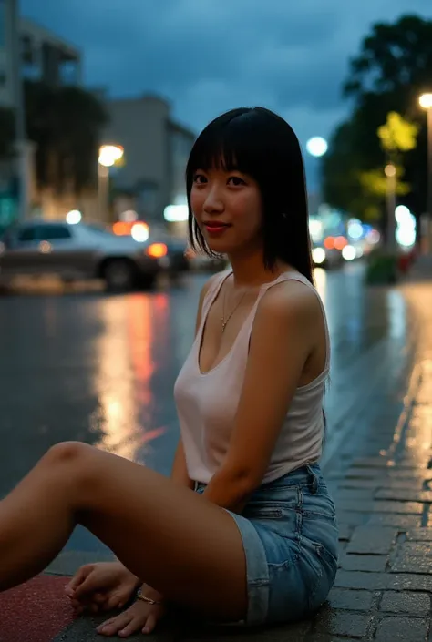 A very cute face Solomia Maievska、Looks like a young face、20-year-old female、Gentle and cute、wearing a white tank top transparent got weather showing her nipples, denim short pants((whole body像))、show cleavage, huge breast (at rain street city), dark cloud...