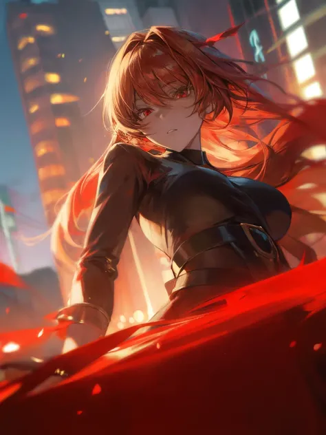 (masterpiece, highest quality:1.2),  1 girl, 
((devil)),  (red Devil-themed costume) , (red Devils Wings) , In the skyscraper district of Shinjuku, Moscow, a conflict zone, On the streets of a wide city, inflammation, Floating steam, Collapsed building, , ...