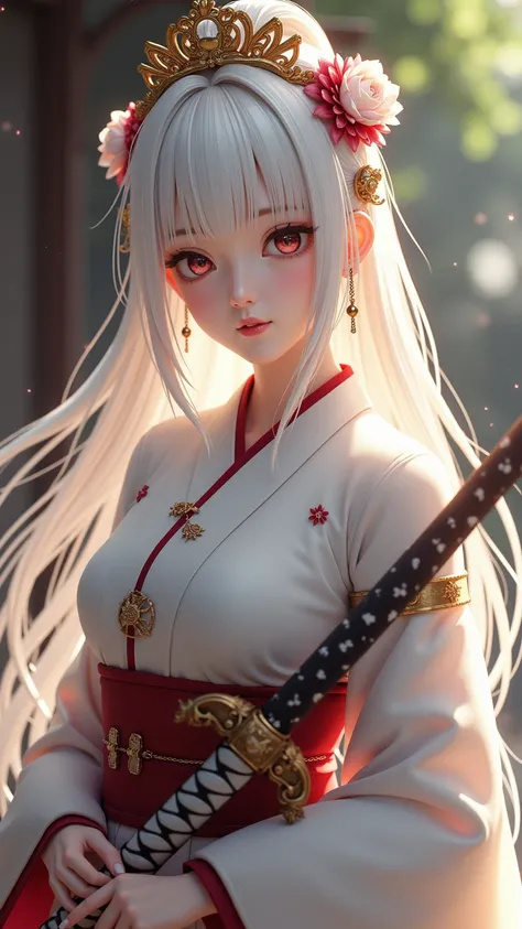 masterpiece,HD,  Very Detailed ,Middle Ages ， A Japanese woman ，Bangs, long white hair, headgear，Big breasts， wearing a white wedding dress，Hand-held hand pattern（Great sword， sword and rune effect ，art design）， Sparkle Effect , 8k