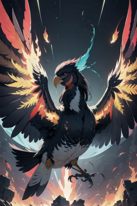  super detailed,  high detail  ,  High Quality ,  high definition ,exquisite, beautiful, dynamic angle, colorful ,An explosion of colors,A beautiful bird Ive never seen,Seven-colored feathers,(flying fire bird silhouette)