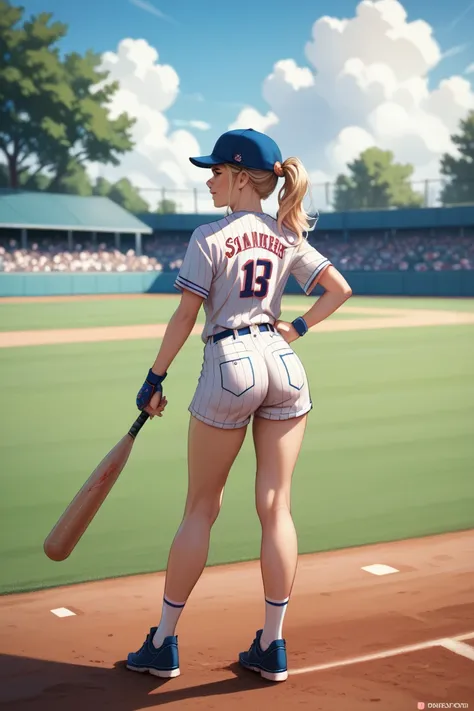  best quality, Baseball Girl,Backwards,summer,blue sky,lawn,Solar,whole body, back view, White Clouds ,I have a bat,I dont want a tree,The figures are small