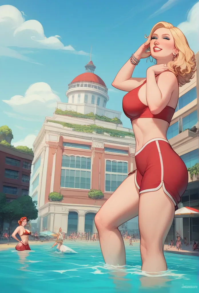 at a beach near new york city, giantess sakura haruno stands towering in a red swimsuit and underwear, far taller than skyscrape...