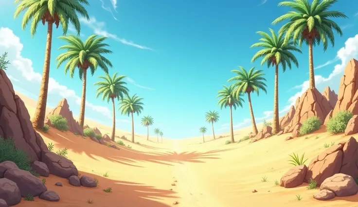 Best quality image, anime style,  imagine a scenario of a sand trail with some rocks scattered, There are some palm trees ahead .
