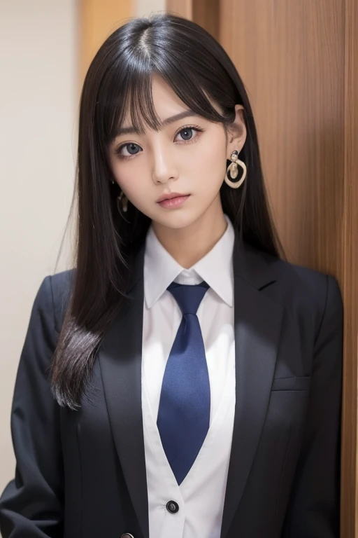  1 girl, Alone,  high definition ,  chest,,  black hair,  earrings for a woman alone,  pretty girl　 the most beautiful woman in the world　president　suit　Rich　 Tall　 Older sister 　 Career Woman 　 and the nose is tall　As Rin 　 BIG CHEST , masterpiece,  best ...