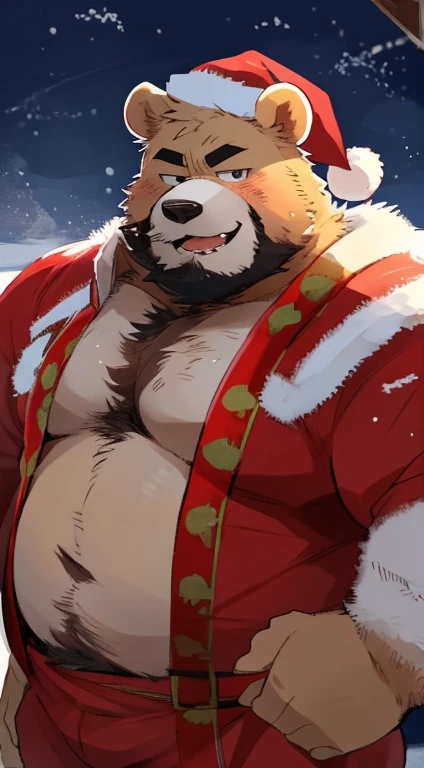 Chubby, furry,male , anthro bear, very plump, middle aged  , mouth covered mustache,Thick beard, seductive  , detailed , half body , extremely hot and sexy, by hyaku ,by darkgem, by glitter trap boy, snow, candy cane, Santa outfit, hairy chest