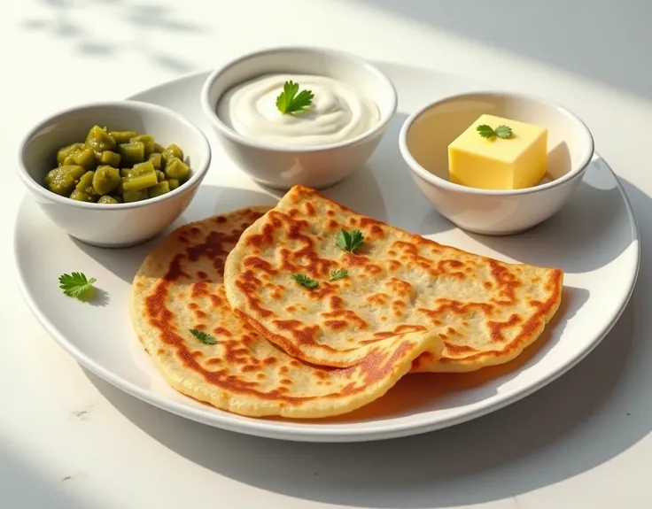 A realistic image of a paratha placed on a white plate, viewed from above. The plate is accompanied by three small bowls: one filled with pickle, another with curd, and the third with butter. The scene is brightly lit to emphasize the textures and vibrant ...