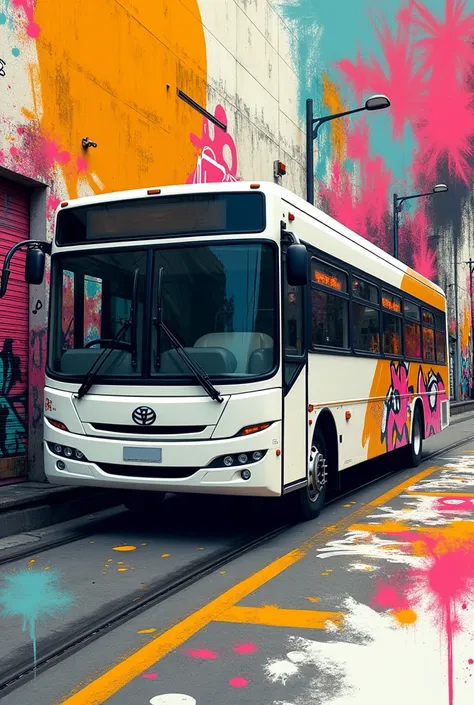 a white bus diagonally in graffiti style