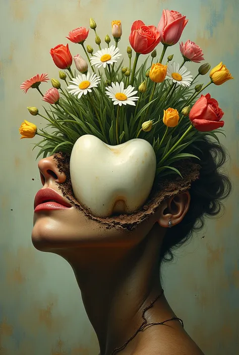 Damaged human ,  tooth that daisies ,  roses and tulips of different colors grow from it,  in the oil painting style 