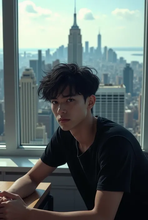  A 19-year-old man,high,delgado,white skin,with black and disheveled hair, with the black t-shirt folded at the sleeves, Sitting in his office ,watching from the front, With the beautiful view of Manhattan you can see his face with black eyes 