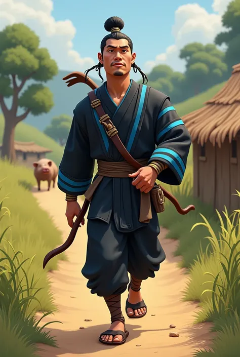 An Asian man wearing a black tribal costume with blue stripes on the sleeves and collar, holding a bow, is walking along a rural road, there is a pig, a mosquito net with grass, asking for a cartoon model.