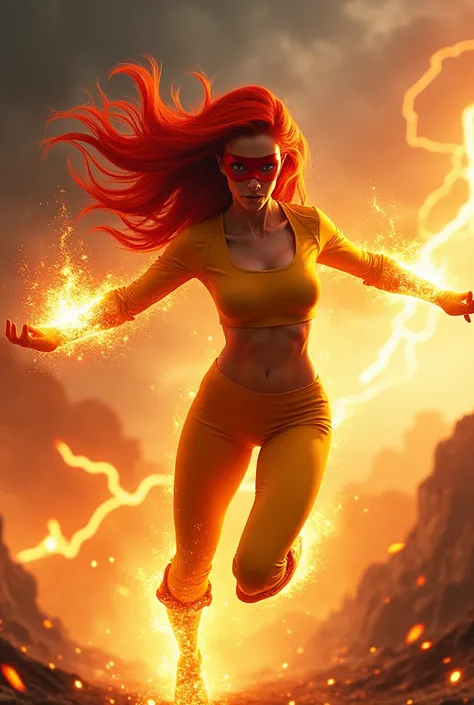 A red-haired heroine .  tongue ,  athletic body.  Has fire powers .  Her red hair is shining sparks. Shes angry .  Shes wearing a yellow outfit and a red mask covering her eyes.  is flying .  Shes setting fire through her hands .   Lots of smoke ,  fire an...