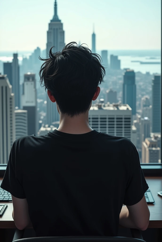  A 19-year-old man,high,delgado,white skin,with black and disheveled hair, with the black t-shirt folded at the sleeves, Sitting in his office ,watching from the front, With the beautiful view of Manhattan you can see his face with black eyes 