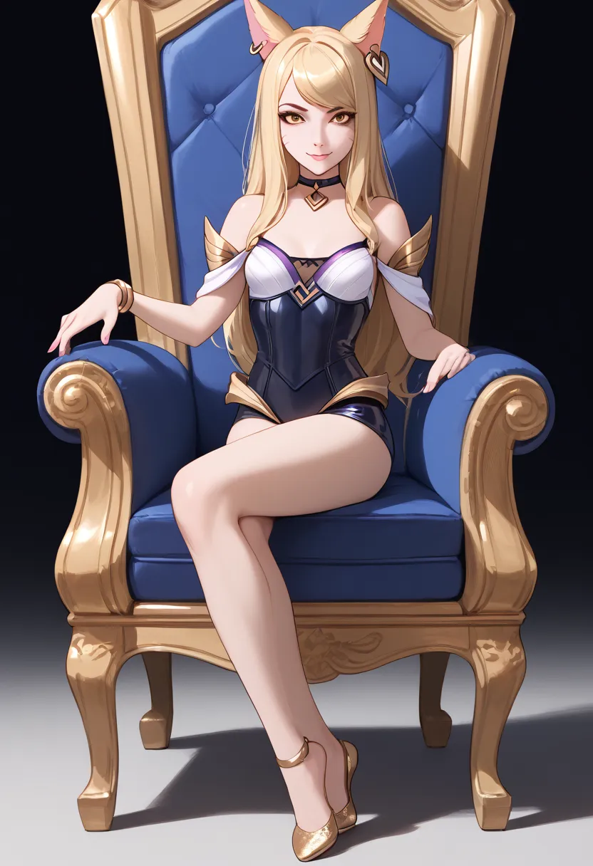 ((full body photo, standing, feet on the ground)) kda ahri lol pd, masterpiece, best quality, (sitting on throne, legs crossed, ...