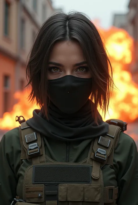 (photorealism:1.2), beautiful woman, brown hairs short straight to shoulder, realistic soldier , gun, gear, tongue piecing, background photo of damage build, big explosion behind, brown eyes with black shadows makeup, balaclava on mouth 