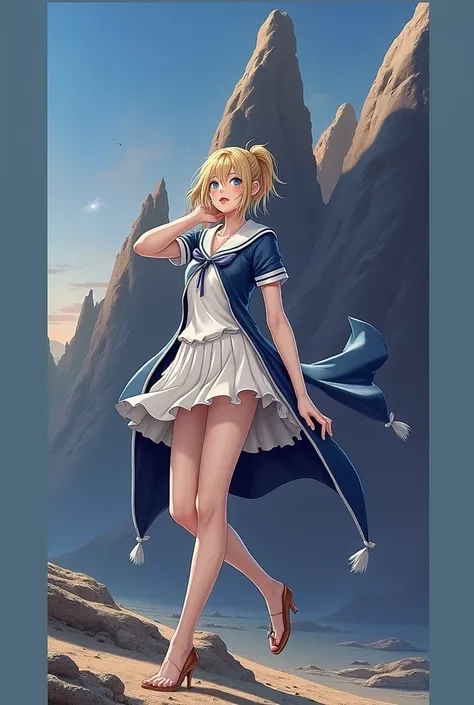 Realism, in a magical arid desert landscape, elegant sand dunes (barchan, parabolic, stellar and linear) rise under a twilight sky. A young woman dressed in sailor style outfits, sailor costume, dynamic poses, dynamic lights and shadows, blonde hair, hair ...