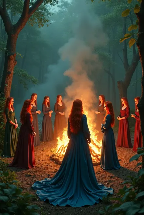 Red-haired witch, green-eyed, beautiful, In a very beautiful royal blue dress ,  together with their coven sisters, all around a big bonfire , celebrating Yule .