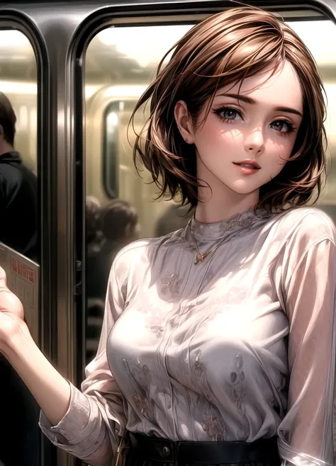 (  Masterpiece :1.3), (  best quality: 1.4), 
 cinematic lighting , 
( 1 girl ),  beautiful face, ( realistic face), 
 Beautiful Hairstyles:1.8,
  Real Eyes ,  beautiful detailed eyes from outside the train, 
(  real skin),  beautiful skin , 
( Casual Fash...