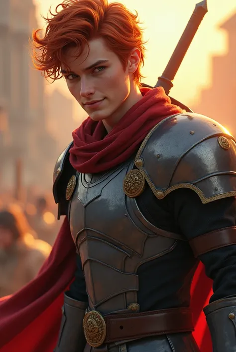 an 18 year old man, in a battle, In a fighting position ,  clothes that mix I decide with steel armor, Holding a sword,  light red hair,  short and wavy hair , warm look,  expression of conviction with a smile 