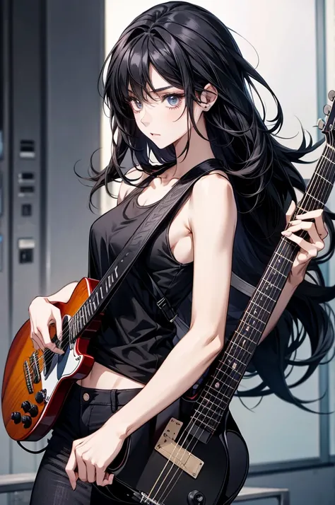 anime female, shoulder length black hair, goth, holding guitar, wearing tank top and black jeans