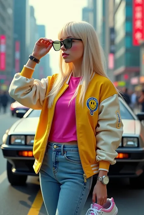 movie poster. A Russian teenage girl with white skin, rosy cheeks, expressive green eyes, long straight blonde hair combed with bangs, straightened eyelashes, friendly look. She wears a yellow and white college jacket with a Happy Face patch, a fuchsia t-s...