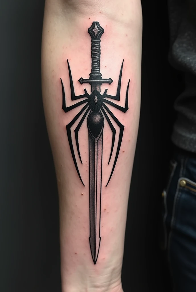 Create a small and simple tattoo with the black work style, Of a sword with a spider similar to that of Spider-Man 
