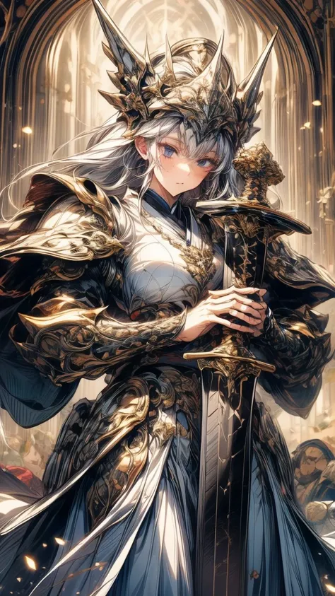 masterpiece,HD,  Very Detailed ,Middle Ages ， A Japanese woman ，Bangs, long white hair, headgear，Big breasts， wearing a white wedding dress，Hand-held hand pattern（Great sword， sword and rune effect ，art design）， Sparkle Effect , 8k