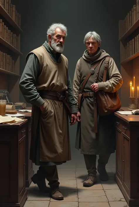 Picture a middle-aged administrator in the Middle Ages and a gray-haired man. Hes wearing a bag and carrying documents . The background is an office