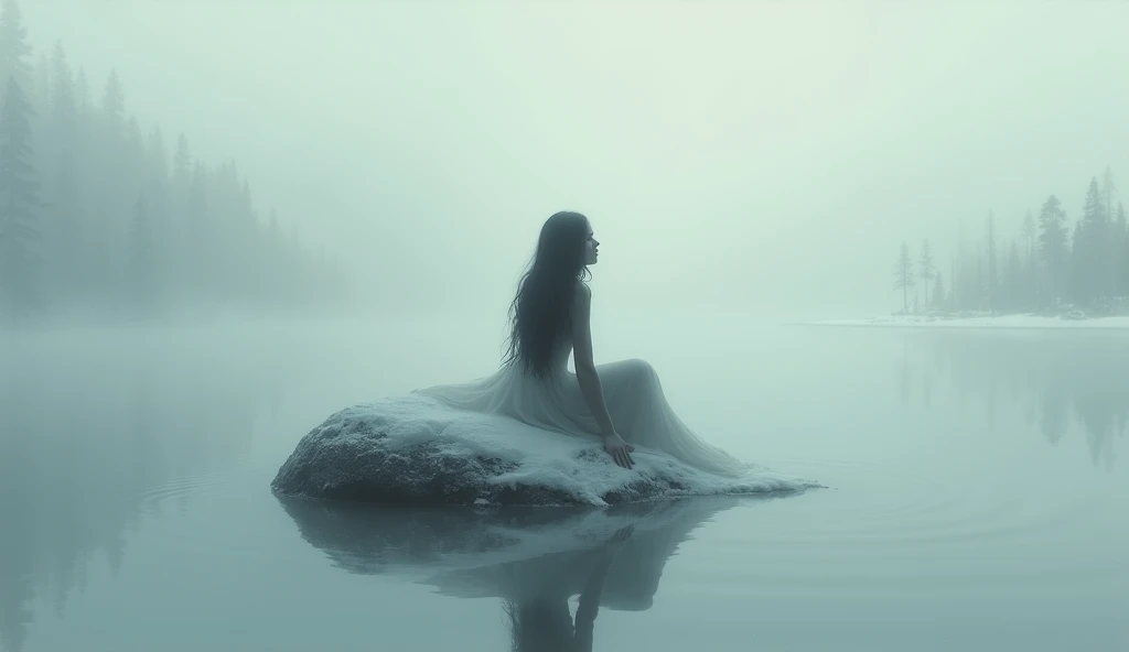 heavy fog , Shadow of a naked woman with very long hair sitting on a rock in the snowy lake,  impressionist painting style 