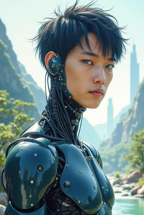 android, half human half robot ,  young man of Asian descent with blue eyes,  full body, muscular, in a futuristic ecological city.  watercolor painting ,  ultra detailed , 8K,  super detailed hair   