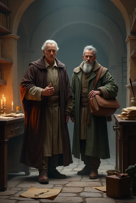 Picture a middle-aged administrator in the Middle Ages and a gray-haired man. Hes wearing a bag and carrying documents . The background is an office