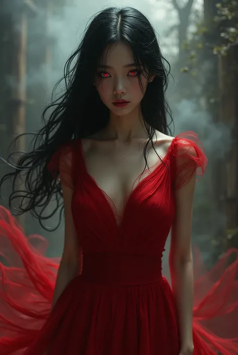 (dramatic, Perseverance, Intense:1.4),masterpiece,  best quality , 32K crazy details,   intricate details  ,  ultra-detailed ,  high quality, high detail, Super Fine, masterpiece, (whole body:1.5),  Red Eyes， A girl in a red dress ，The front is white eyes ...