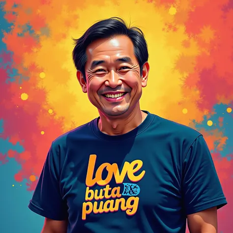 , an Asian man with a round face,Wearing a dark blue t-shirt ,With a  "Love Buta Puang" Bright colors,