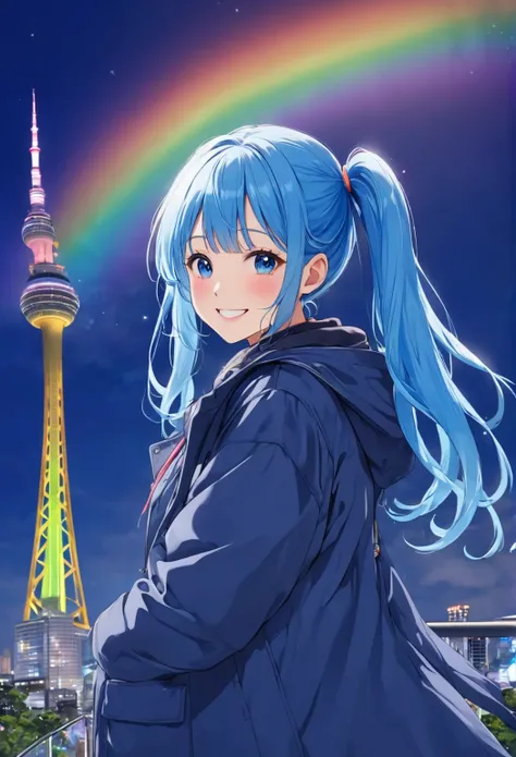    long blue hairs stand in front of Skytree　  twin-tail girl 、Blue Down Coat、smile、Skytree illuminated by rainbow colors   