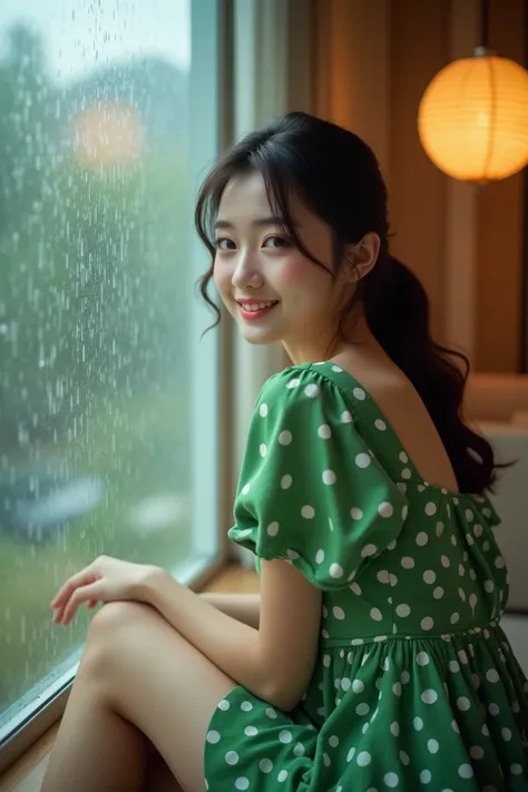  Beautiful Korean woman wearing a short dress of green mixed with white spots sitting next to the window of the room outside the heavy rain visible from the glass, sitting sideways and babbling to the camera with a soft and cute smile .ultra HD,Realist.