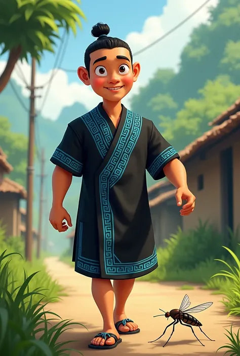  An Asian man wearing a black tribal dress with blue stripes on the sleeves and collar..  walking down a rural street. , a mosquito with grass , Ask for a cartoon .