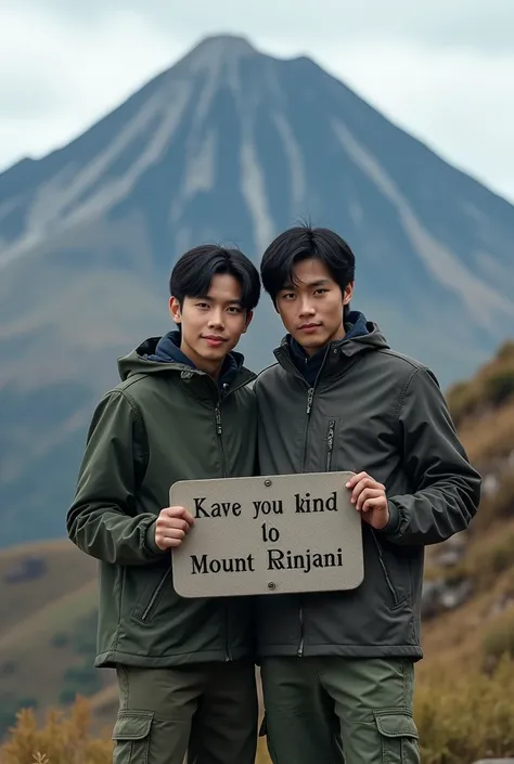 Make one persons face a mix of Kim Mingyu and Gabriel Princes faces, the background is Mount Rinjani and they are wearing jackets, holding a Mount Rinjani sign, they have black hair, and their pants are army green cargo pants. 