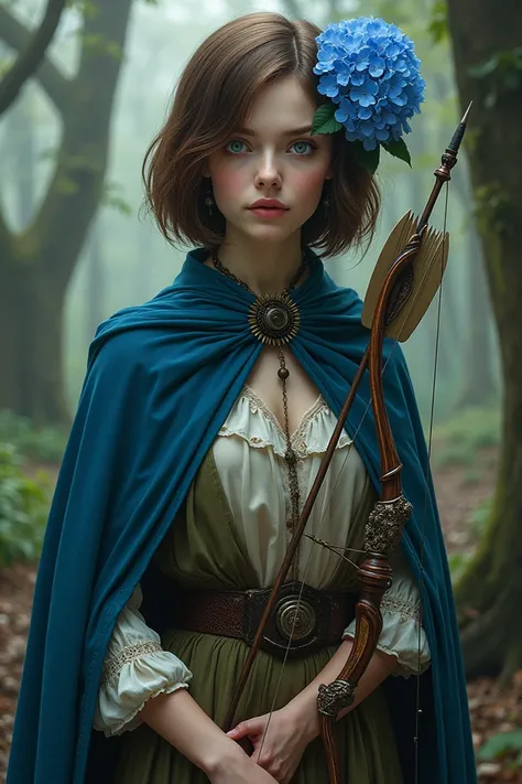  Create an image of a 31 year old adult white woman, Straight short brown hair .  she wears old clothes with a blue cape ,  has heterochromia in her eyes ,  an eye of each color  ( a blue eye and a brown eye ), With a blue hydrangea flower in her hair, wit...