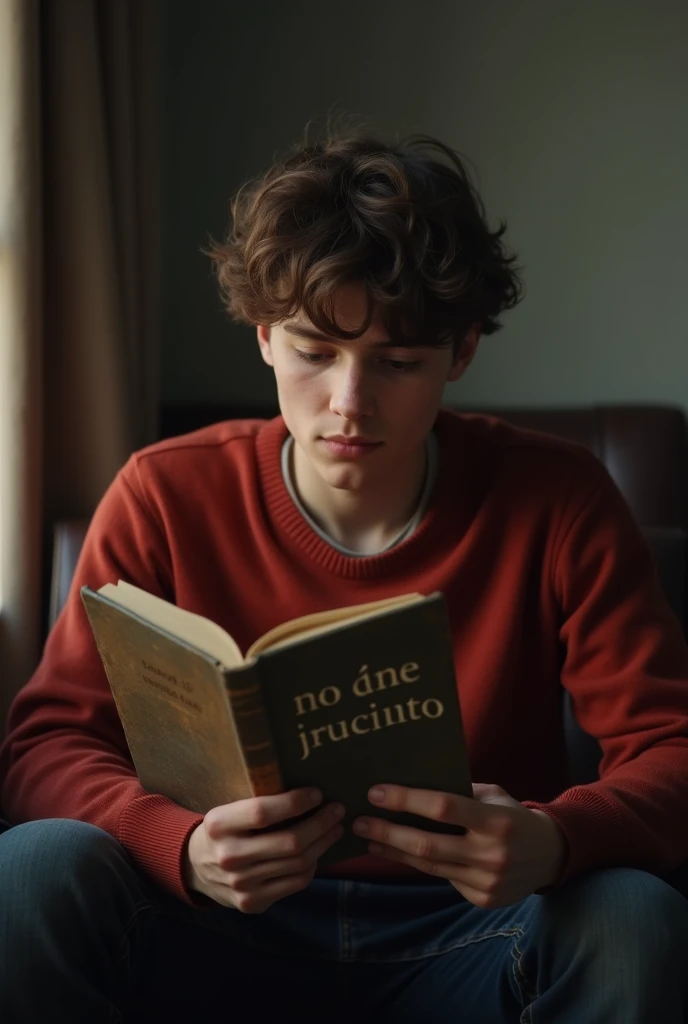 Young man in a red sweater with a book with the title “Loving Shouldnt Hurt” written in Spanish 