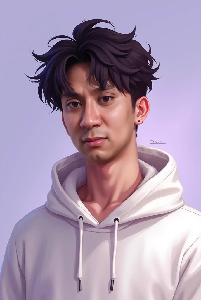 Create a portrait of a young man with a similar facial style to the reference image provided, featuring a smudge toon effect. The young man should be wearing a hoodie in a similar shade of white. The background should be a gradient of soft purple tones to ...