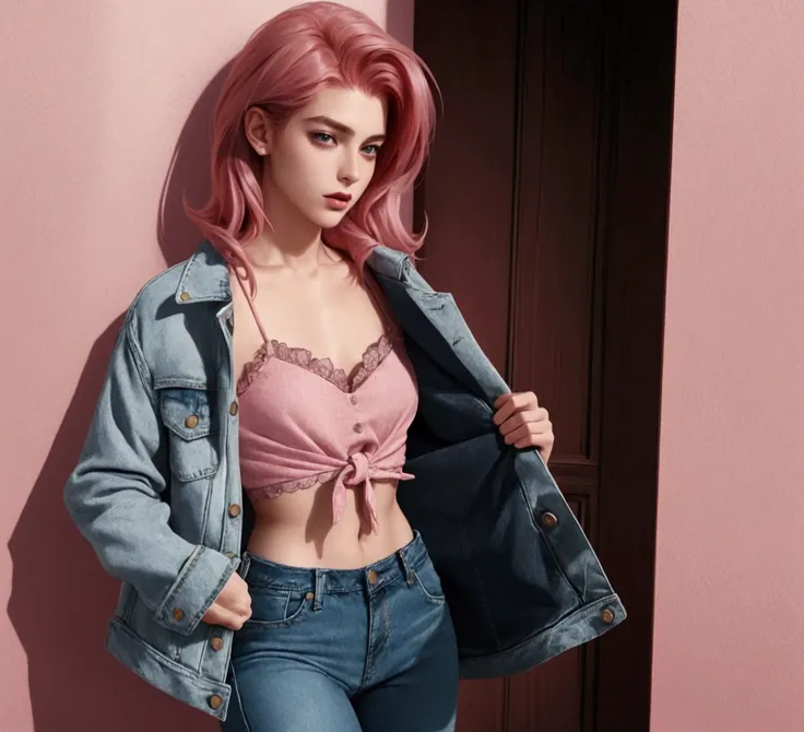 young, handsome, British, With short, almost reddish pink hair,  pink hair with reddish locks , inviting. Es Delicate como una mujer y está a la última moda con prendas juveniles a la moda y en tendencia. young con ropa excéntrica pero a la moda, muy hands...