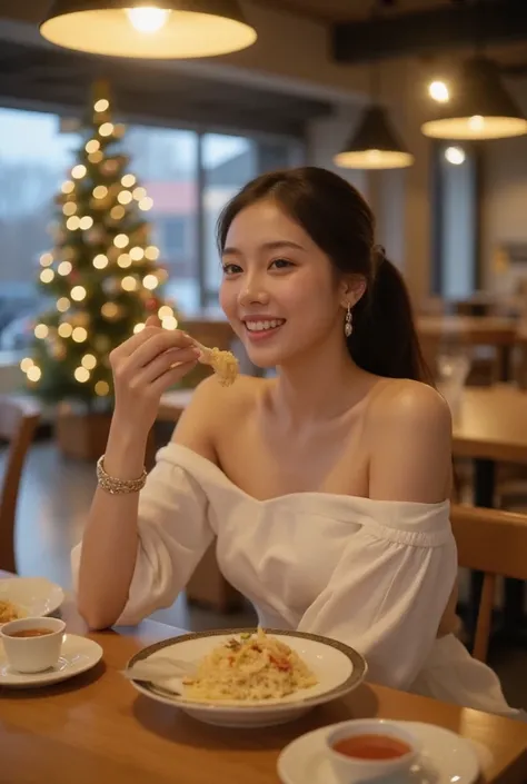 A warm glow envelops a cozy dining scene: a smiling young korean idols woman, dressed in casual elegance, sits at a table amidst serene whites and rich woods, amidst Christmas tree and christmas ornaments. Soft, golden light illuminates her happy expressio...