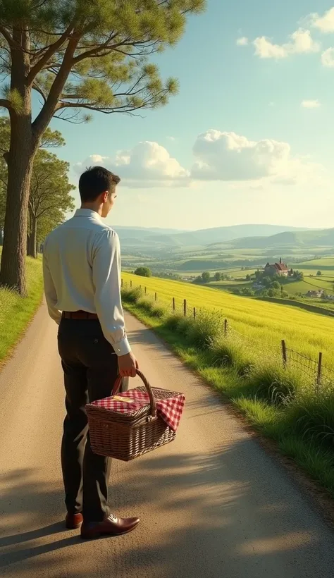 panoramic，A man waiting on the side of the road ， to have a picnic in the back