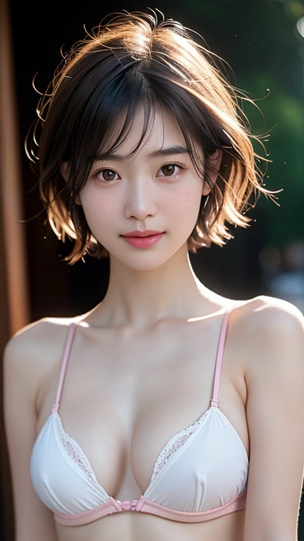 Rembrandt Lighting， BEST QUALITY，Delicate skin， Intricate Details ,  ray tracing , sweet， Japanese College Girl , 21 years old, Delicate skin, ( blush:0.1),  Sub-surface scattering ,  bangs,  hair between eyes , Short hair，  sunny day，Wear transparent, rip...