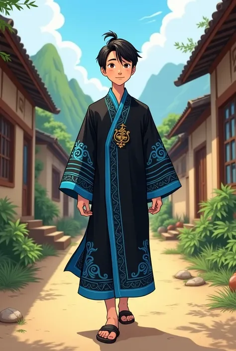 The Asian man wears a black tribal dress with blue stripes on the sleeves and collar of the dress..  walking down a rural street. , Ask for a cartoon .