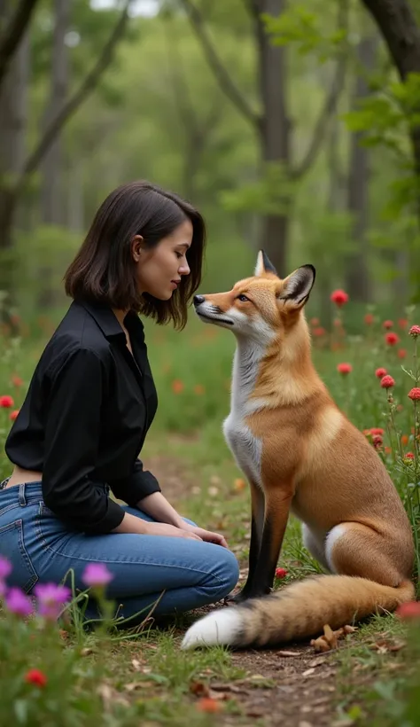 a beautiful woman, shoulder-length black hair, wearing a black blouse with a low neckline, jeans on the front with a huge fox, sitting facing the woman, one looking at the other, in a flowery forest.