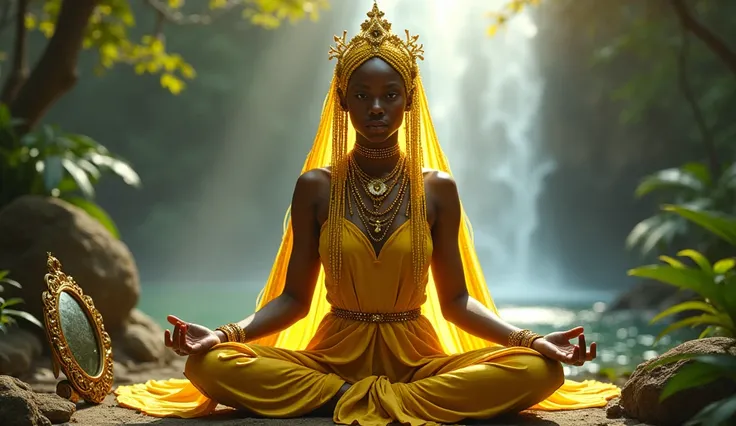 A realistic depiction of Oxum, the Yoruba goddess of rivers, beauty, and fertility, seated in a meditative lotus position in a lush forest near a majestic waterfall. She is wearing a vibrant yellow top with intricate golden details that shimmer in the sunl...